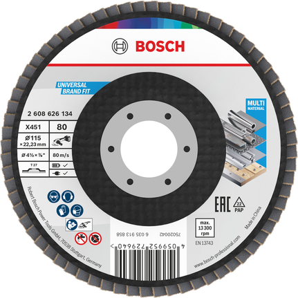 Bosch X451 flap disc 115 mm G80 for multi-material grinding.
