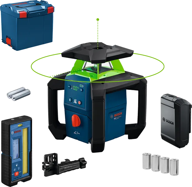 Bosch GRL18V-4-34CVG laser leveling tool with accessories.
