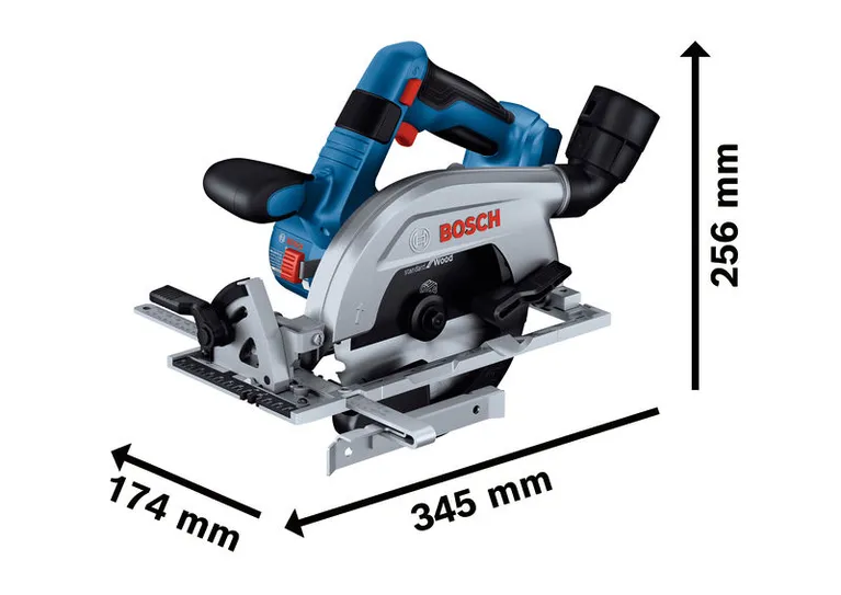 Bosch GKS 18V-57-2 L cordless circular saw with dimensions.