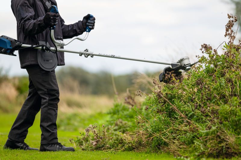 A person wearing safety equipment trims thick brush with a brushcutter outdoors.