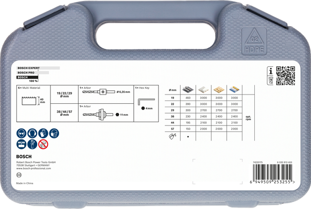 Bosch Multi Material Threaded Hole Saw Set case with sizes 19–57 mm.