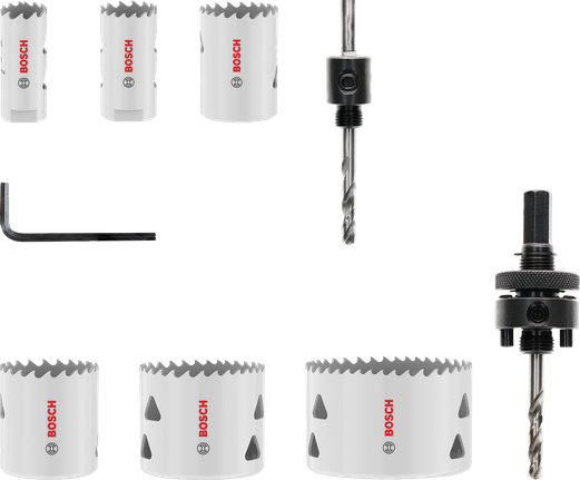 Bosch multi material threaded hole saw set with six sizes.