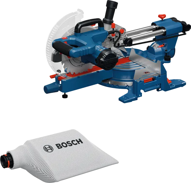 Bosch GCM305-216S sliding miter saw with dust bag.