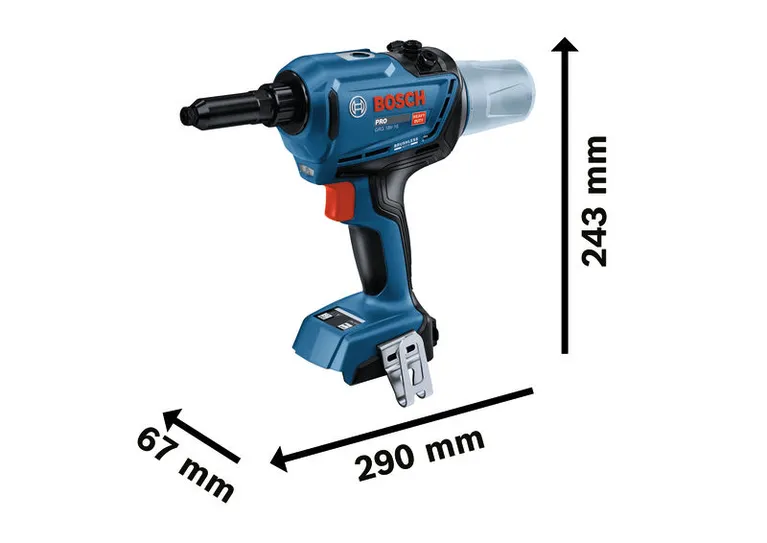 Bosch GRG 18V-16 cordless rivet gun with dimensions.
