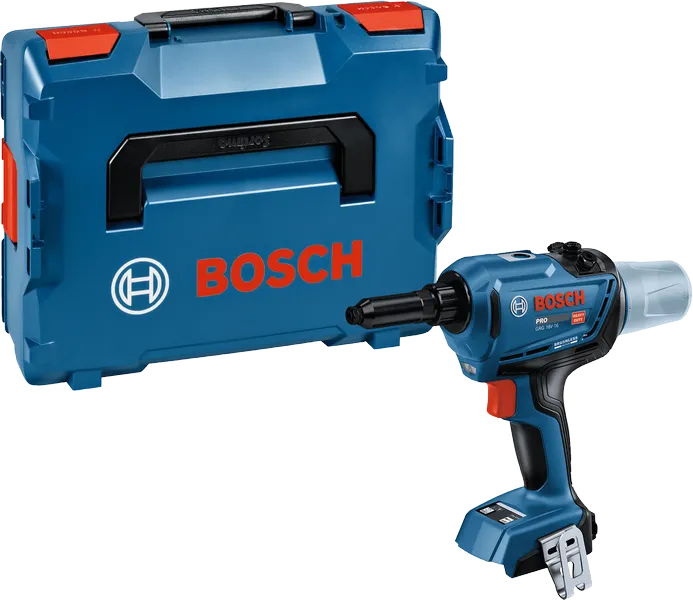 Bosch GRG18V-16 cordless rivet gun with carrying case.