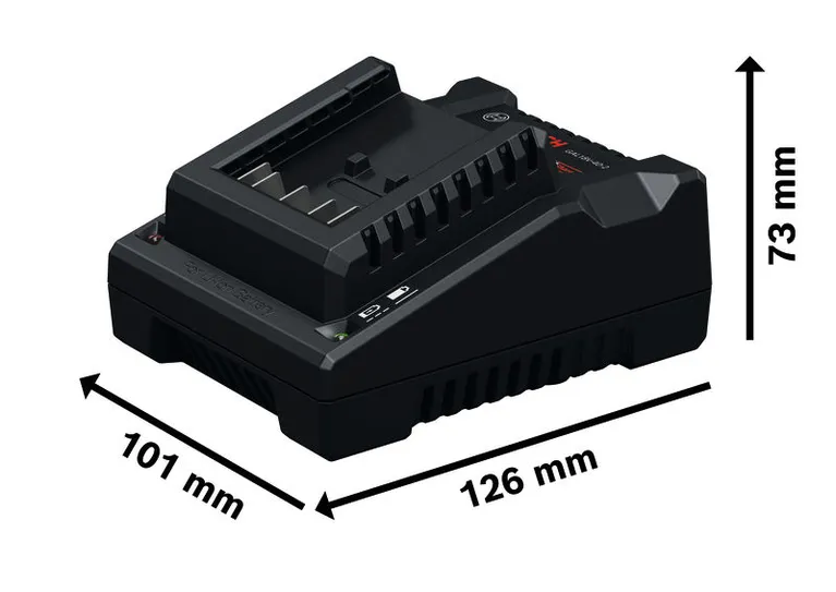 Bosch GAL 18V-40 battery charger with dimensions shown.