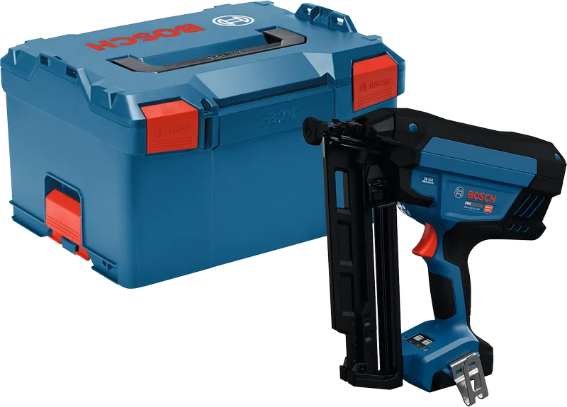 Bosch GNH18V-64 cordless nailer with carrying case.
