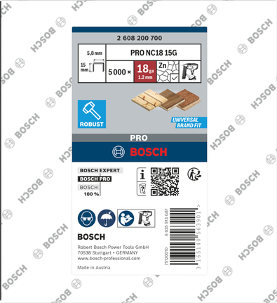 Bosch PRO NC18 15G narrow crown staples, 15mm length.