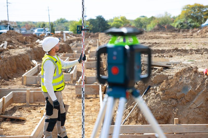 A person wearing safety equipment uses a laser receiver with a laser leveling tool on a construction site.