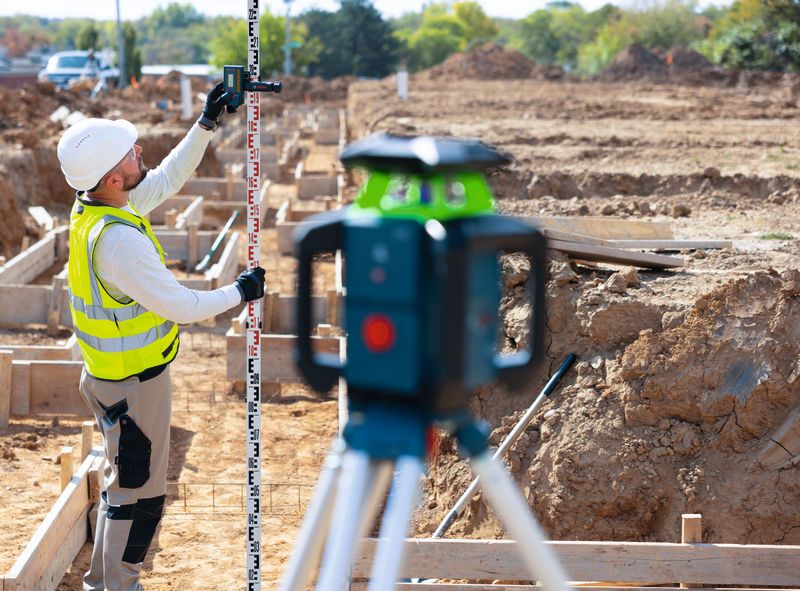 A person wearing safety equipment uses a laser leveling tool and receiver at a construction site.