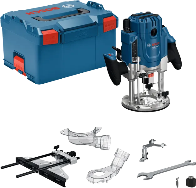 Bosch GOF 20-12 router set with carry case and accessories.