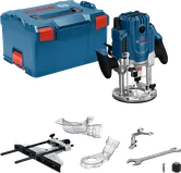 Bosch GOF 20-12 router set with carry case and accessories.