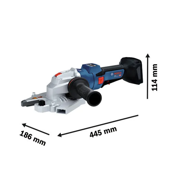 Bosch GBC18V-32 cordless brush cutter with dimensions.