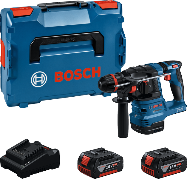 Bosch GBH 18V-22 rotary hammer drill set with batteries.