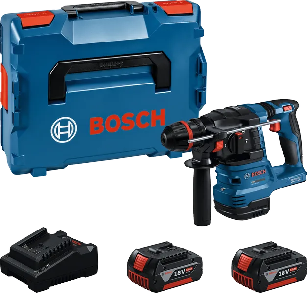 Bosch GBH 18V-22 rotary hammer drill set with batteries.