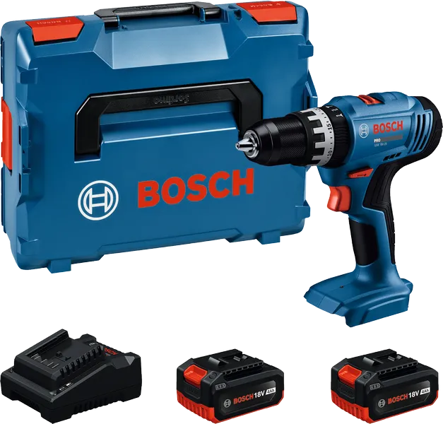 Bosch GSB 18V-25 cordless drill set with batteries.