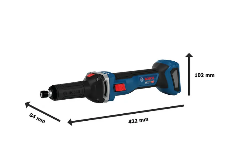 Bosch GGS18V-28LS cordless straight grinder with dimensions.