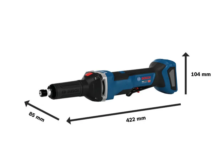 Bosch GGS18V-28LPS cordless straight grinder with dimensions.