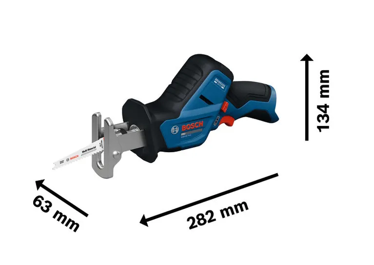 Bosch GSA 12V-14 compact reciprocating saw with dimensions.