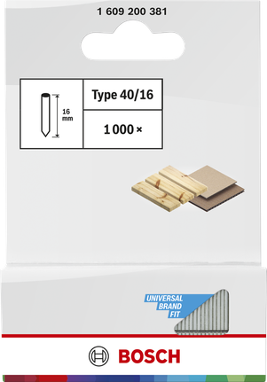 Bosch pin type 40 nails 16mm for wood, 1000 pack.