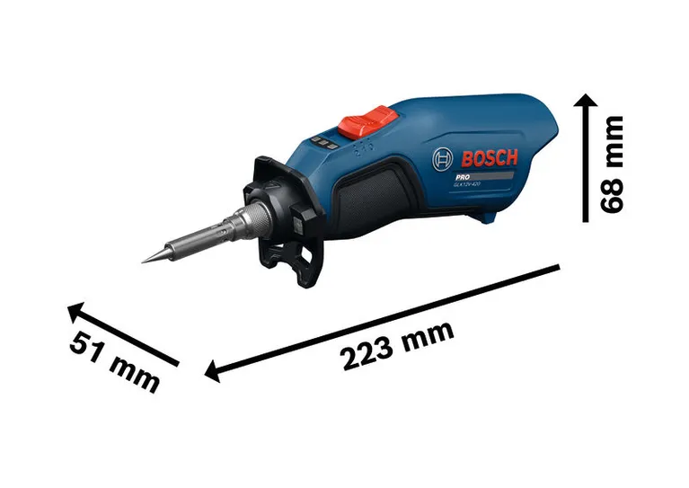 Bosch GLK12V-420 cordless soldering iron with measurements.