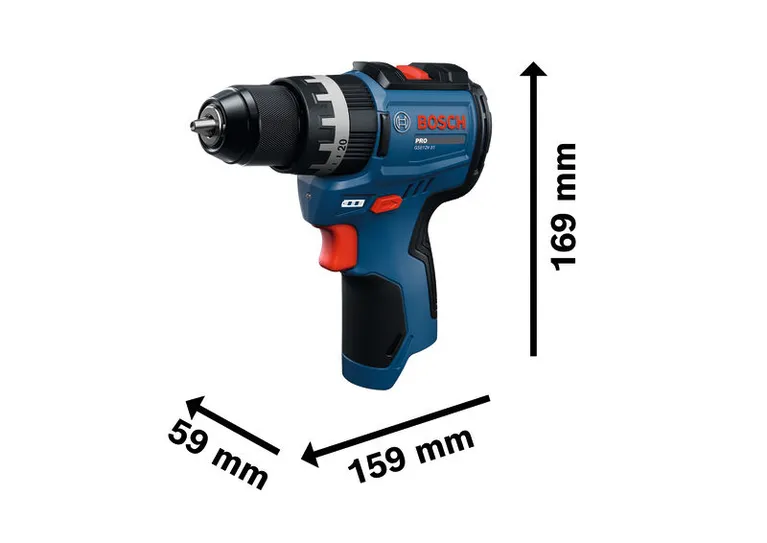 Bosch GSB12V-31 cordless impact drill with dimensions.