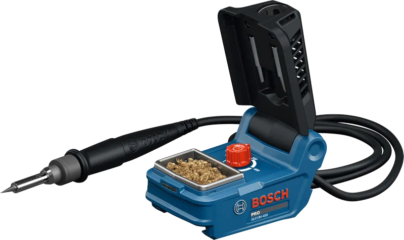 Bosch GLK18V-450 cordless soldering iron with cleaning pad.