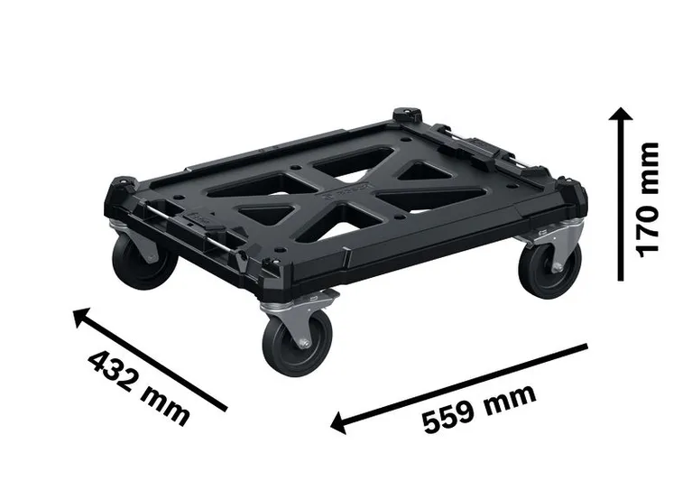 Bosch L-BOXX contractor wheeled cart with dimensions.