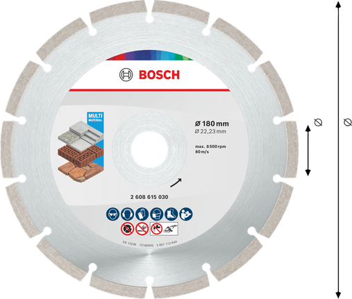 Bosch Multi Material Diamond Cutting Disc 180 mm for various surfaces.
