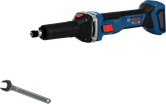 Bosch GGS18V-28LS cordless straight grinder with wrench.