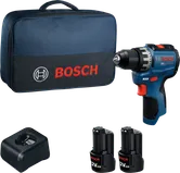 Bosch GSR12V-30 drill kit with case, charger and batteries.