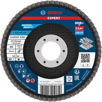 Bosch EXPERT X782 flap disc 115 mm G60 for metal grinding.