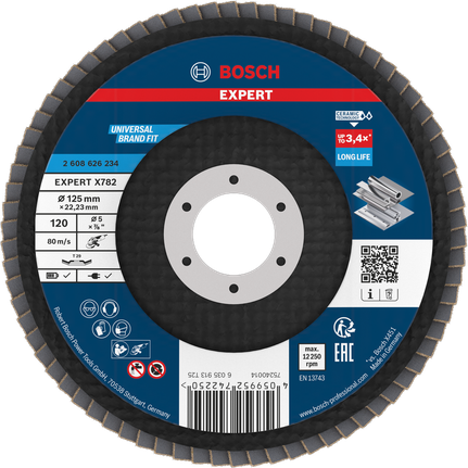 Bosch EXPERT X782 flap disc, 125 mm, G120 for long life.
