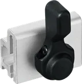 Black clamp on metal extrusion.