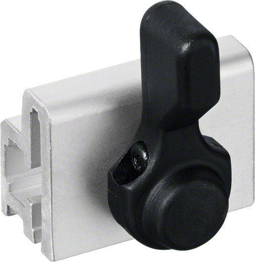 Black clamp on metal extrusion.