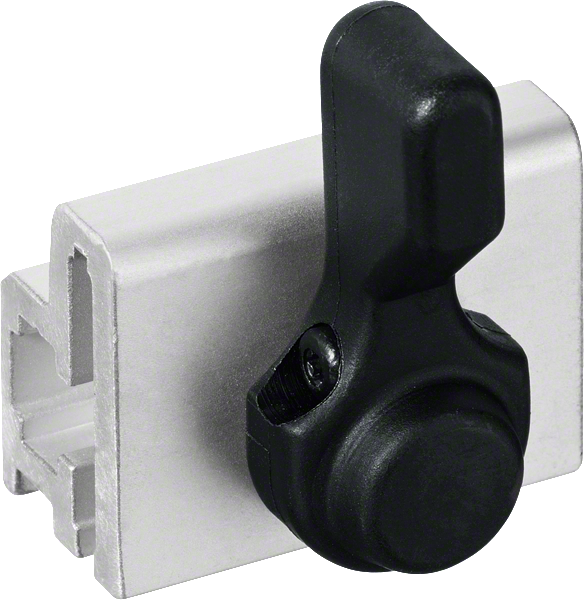 Black clamp on metal extrusion.