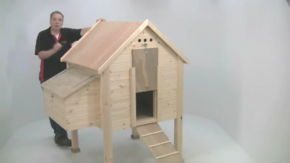 A wooden playhouse with a sloped roof, a man gestures beside it.