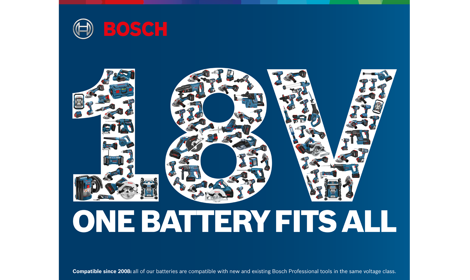 Bosch logo with tools forming '18V ONE BATTERY FITS ALL' on a blue background.