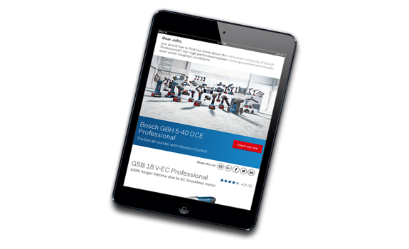 A tablet displays Bosch Professional tools and specifications on a dark background.