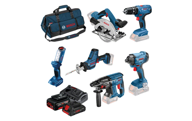 Bosch Professional tools: circular saw, drill, batteries, and a blue tool bag arranged neatly.