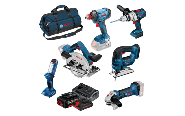 Bosch Professional tools: blue drill, saw, jigsaw, flashlight, battery, and tool bag.