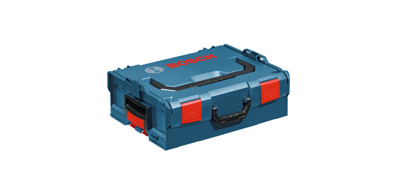 A blue Bosch Professional tool case with red accents on a black background.