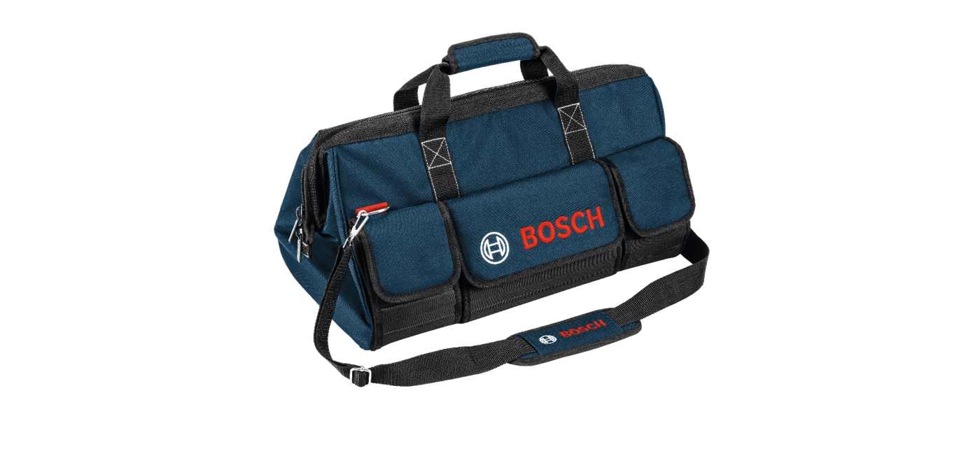 A dark blue Bosch tool bag with red logo and adjustable shoulder strap.