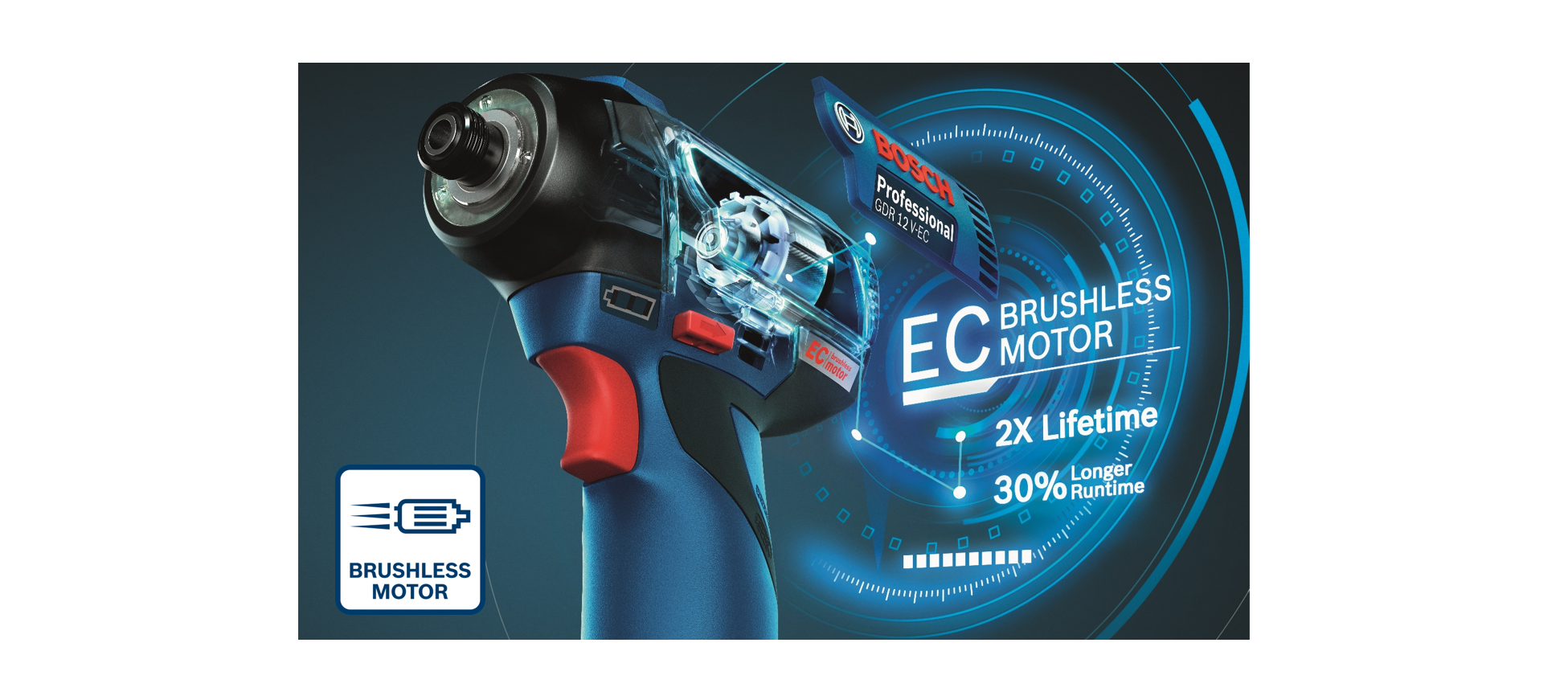Bosch Professional drill with a blue grip and red button, showcasing a brushless motor.
