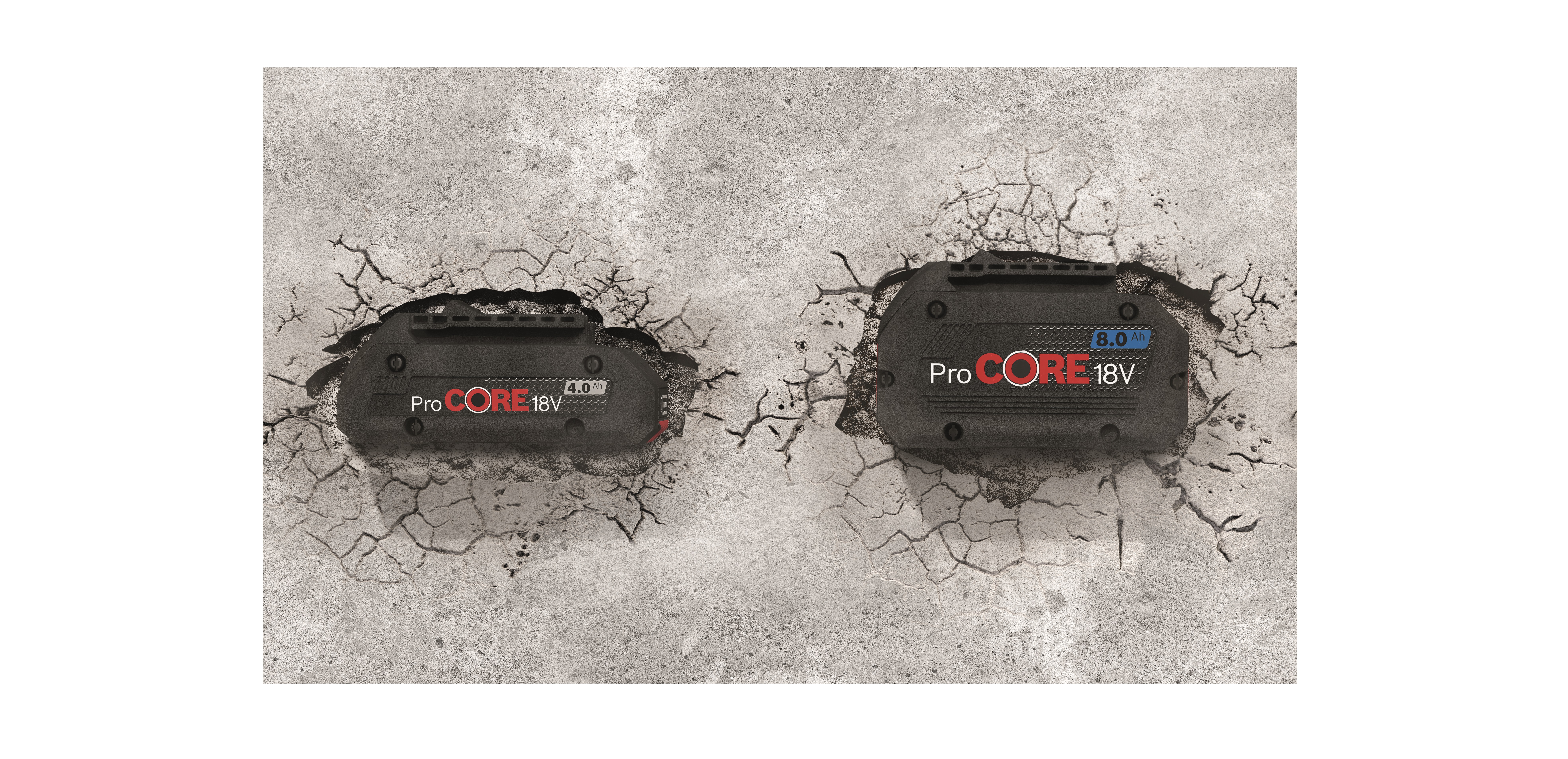 Two Bosch ProCORE 18V batteries on cracked concrete surface, one labeled 4.0Ah, one 8.0Ah.