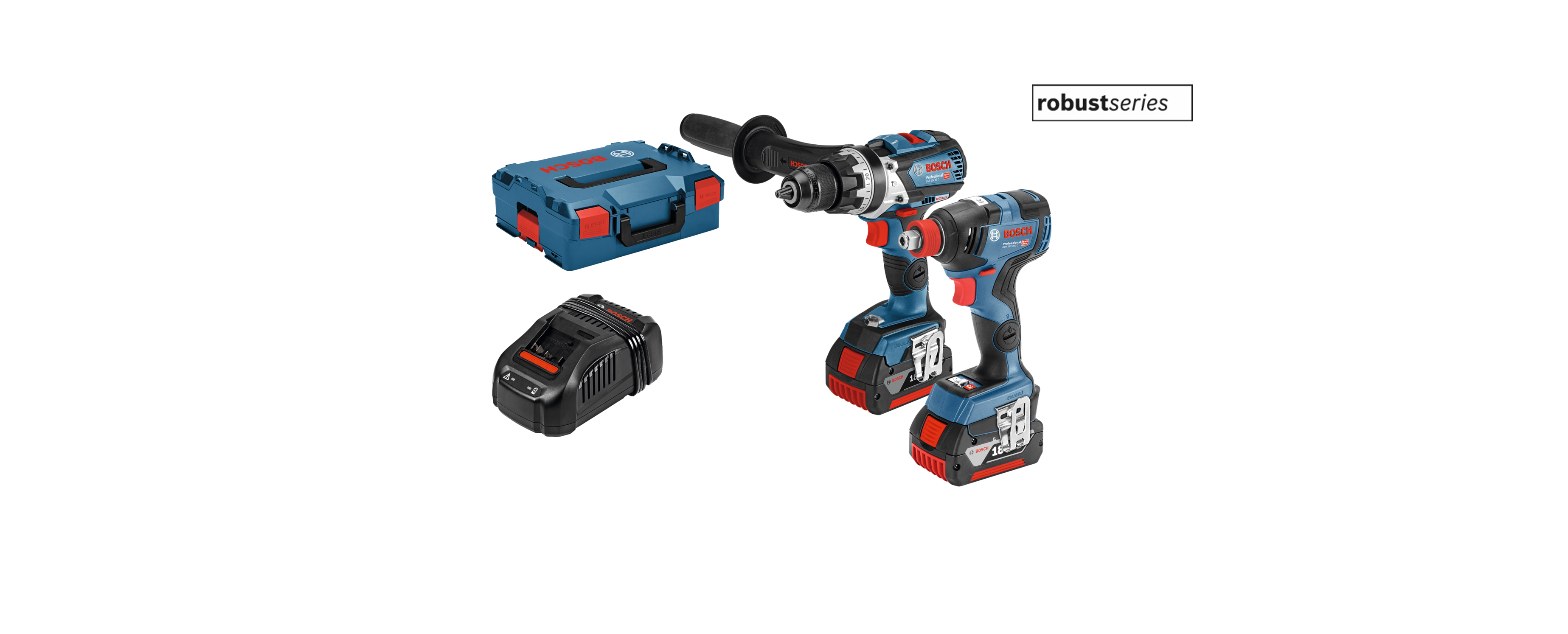 Two Bosch Professional power tools and a battery on a white background.