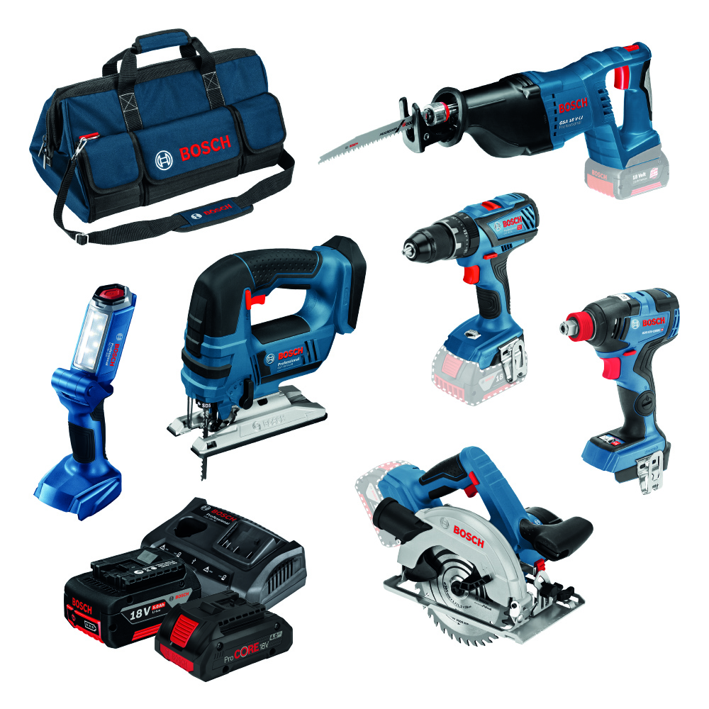 Bosch Professional tools: jigsaw, drill, light, saw, batteries in blue and black bag.