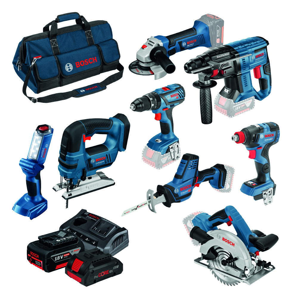Bosch Professional tools: drill, jigsaw, flashlight, charger, batteries, blue toolbox, various designs.