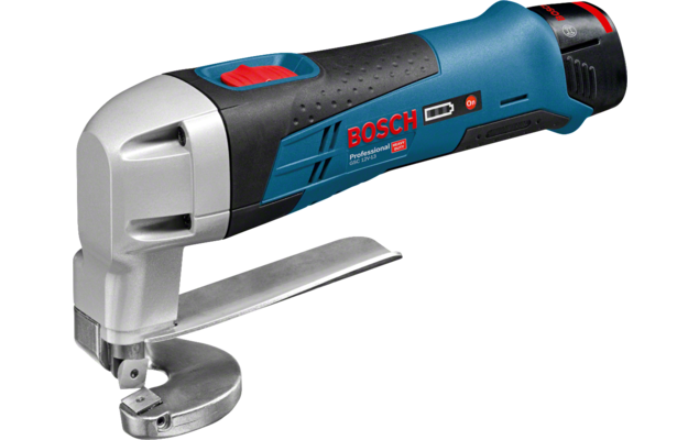 Bosch Professional cordless cutter with blue handle and silver blade on a white background.