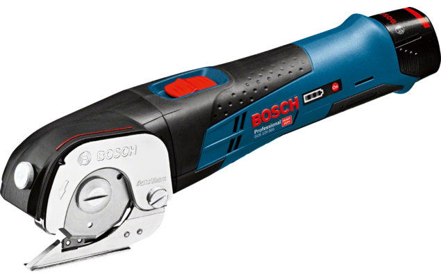 A blue Bosch Professional electric cutter on a white background, showcasing its design and features.